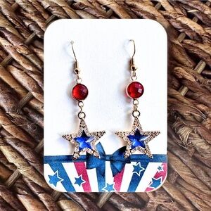 New Handmade Sparkly Gold-Tone Patriotic Dangle Earrings (2.25” l x 0.8” w)